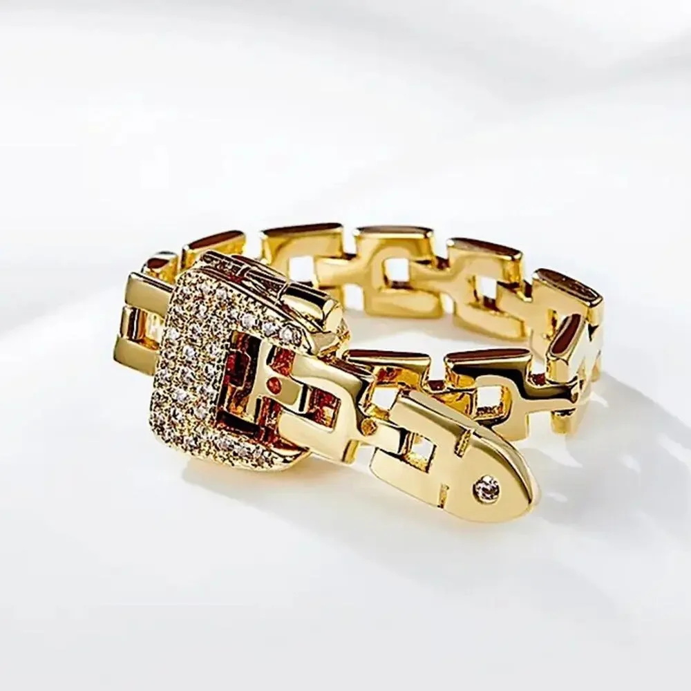 Gold Belt Buckle Bracelet Matching Ring Set, Zircon, Chain Link, Minimalist - Picture 11 of 13
